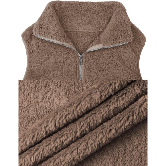 Women's Brown Sherpa Fleece Jacket Lightweight Vest Cozy Sleeveless Cardigan - Picture 6 of 6